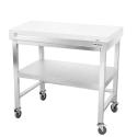 Table de travail en inox 1000x600 mm avec plaque de découpe blanche et renfort sur roulettes PREMIUM - GOLDINOX