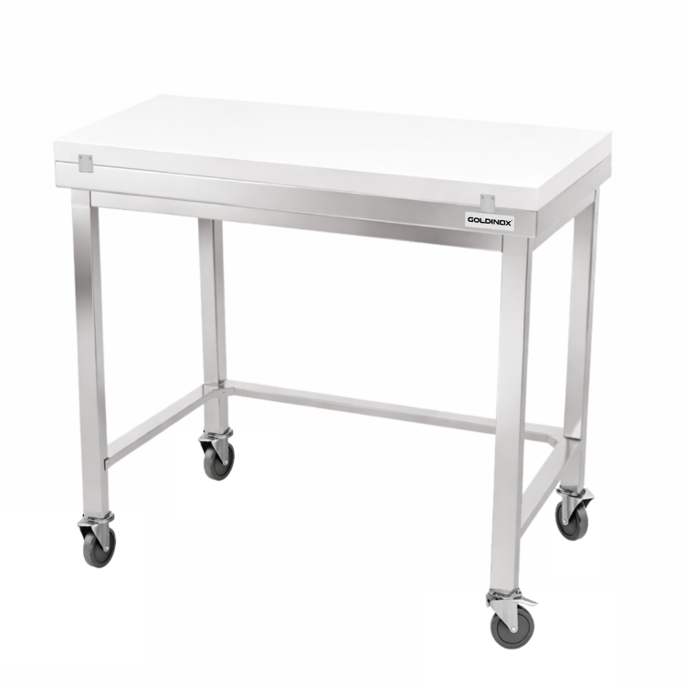 Table de travail en inox 1200x600 mm avec plaque de découpe blanche et renfort sur roulettes PREMIUM - GOLDINOX