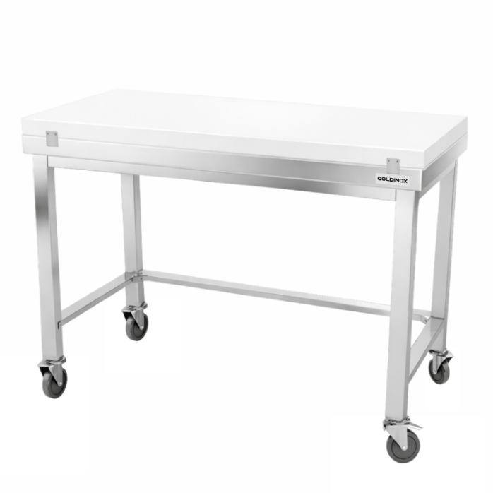 Table de travail en inox 1600x600 mm avec plaque de découpe blanche et renfort sur roulettes PREMIUM - GOLDINOX