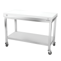 Table de travail en inox 1600x600 mm avec plaque de découpe blanche et renfort sur roulettes PREMIUM - GOLDINOX