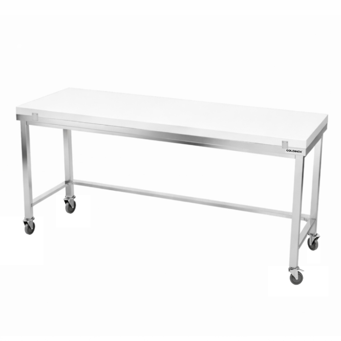Table de travail en inox 2000x600 mm avec plaque de découpe blanche et renfort sur roulettes PREMIUM - GOLDINOX