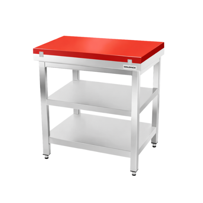 Table de travail en inox 500x500 mm avec plaque de découpe rouge et 2 étagères PREMIUM - GOLDINOX