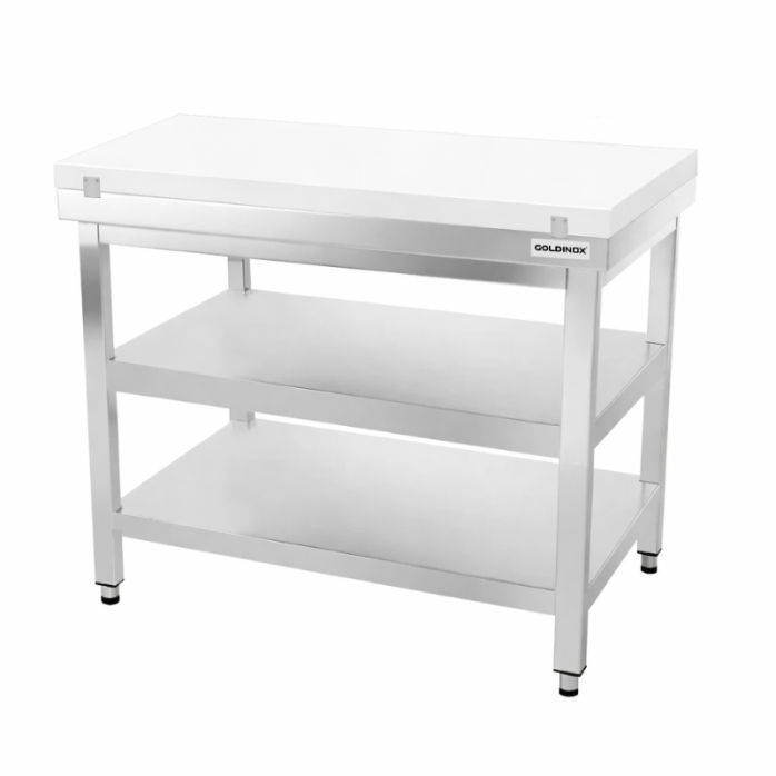 Table de travail en inox 1200x500 mm avec plaque de découpe blanche et 2 étagères PREMIUM - GOLDINOX