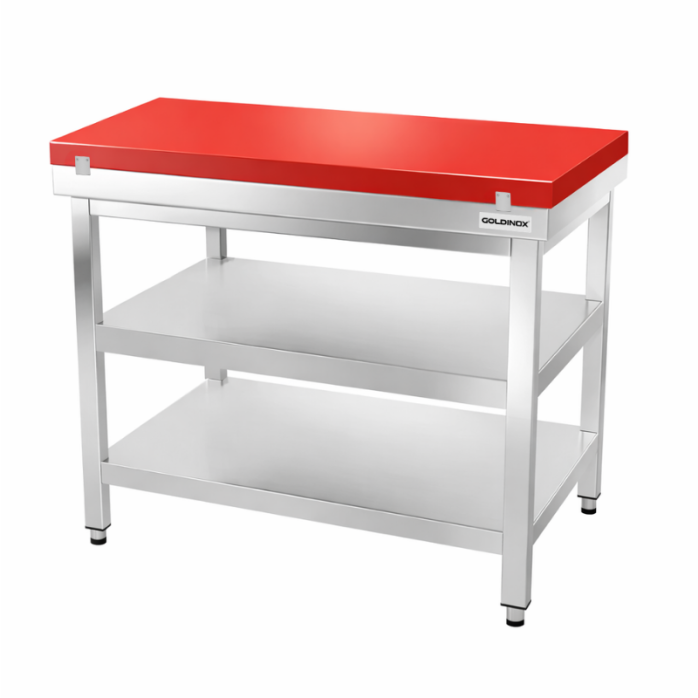 Table de travail en inox 1000x600 mm avec plaque de découpe rouge et 2 étagères PREMIUM - GOLDINOX