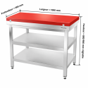 Table de travail en inox 1000x600 mm avec plaque de découpe rouge et 2 étagères PREMIUM - GOLDINOX