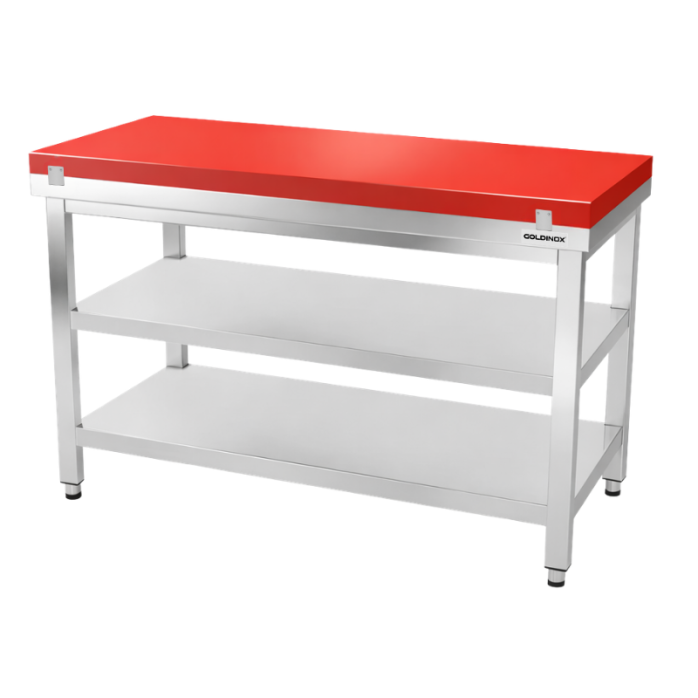 Table de travail en inox 1400x600 mm avec plaque de découpe rouge et 2 étagères PREMIUM - GOLDINOX
