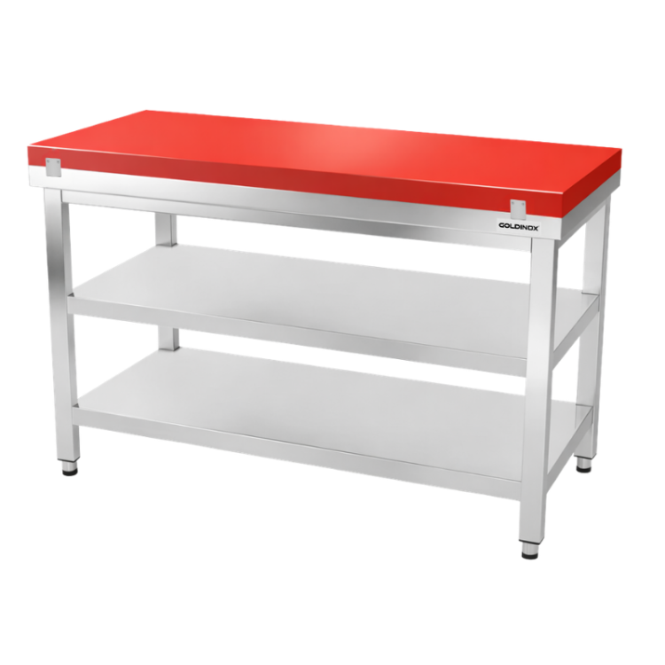 Table de travail en inox 1400x600 mm avec plaque de découpe rouge et 2 étagères PREMIUM - GOLDINOX