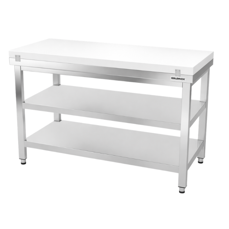 Table de travail en inox 1400x600 mm avec plaque de découpe blanche et 2 étagères PREMIUM - GOLDINOX