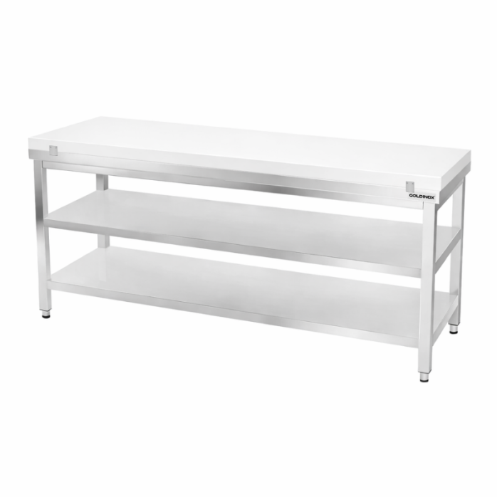 Table de travail en inox 1800x600 mm avec plaque de découpe blanche et 2 étagères PREMIUM - GOLDINOX