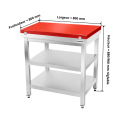 Table de travail en inox 800x800 mm avec plaque de découpe rouge et 2 étagères PREMIUM - GOLDINOX