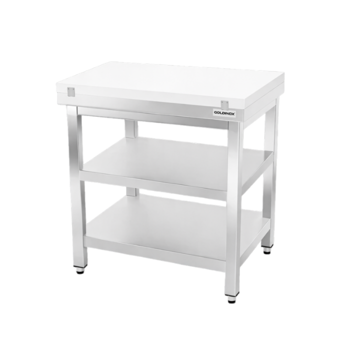 Table de travail en inox 800x500 mm avec plaque de découpe blanche et 2 étagères PREMIUM - GOLDINOX