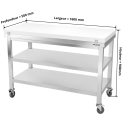 Table de travail en inox 1600x500 mm avec plaque de découpe blanche et 2 étagères sur roulettes PREMIUM - GOLDINOX