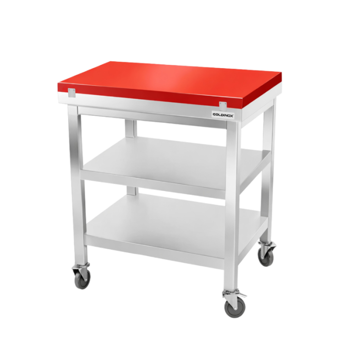Table de travail en inox 600x600 mm avec plaque de découpe rouge et 2 étagères sur roulettes PREMIUM - GOLDINOX