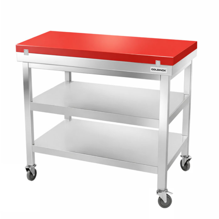 Table de travail en inox 1000x600 mm avec plaque de découpe rouge et 2 étagères sur roulettes PREMIUM - GOLDINOX