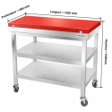 Table de travail en inox 1200x600 mm avec plaque de découpe rouge et 2 étagères sur roulettes PREMIUM - GOLDINOX