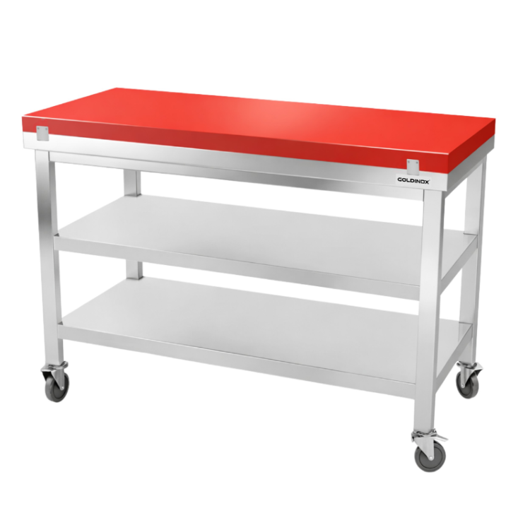 Table de travail en inox 1400x600 mm avec plaque de découpe rouge et 2 étagères sur roulettes PREMIUM - GOLDINOX