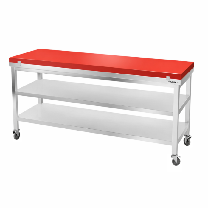 Table de travail en inox 2000x600 mm avec plaque de découpe rouge et 2 étagères sur roulettes PREMIUM - GOLDINOX