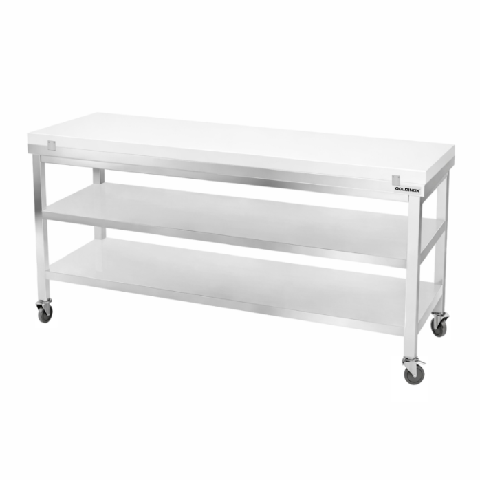 Table de travail en inox 1800x600 mm avec plaque de découpe blanche et 2 étagères sur roulettes PREMIUM - GOLDINOX