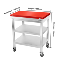 Table de travail en inox 600x700 mm avec plaque de découpe rouge et 2 étagères sur roulettes PREMIUM - GOLDINOX