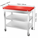 Table de travail en inox 1200x700 mm avec plaque de découpe rouge et 2 étagères sur roulettes PREMIUM - GOLDINOX
