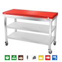 Table de travail en inox 1600x700 mm avec plaque de découpe rouge et 2 étagères sur roulettes PREMIUM - GOLDINOX