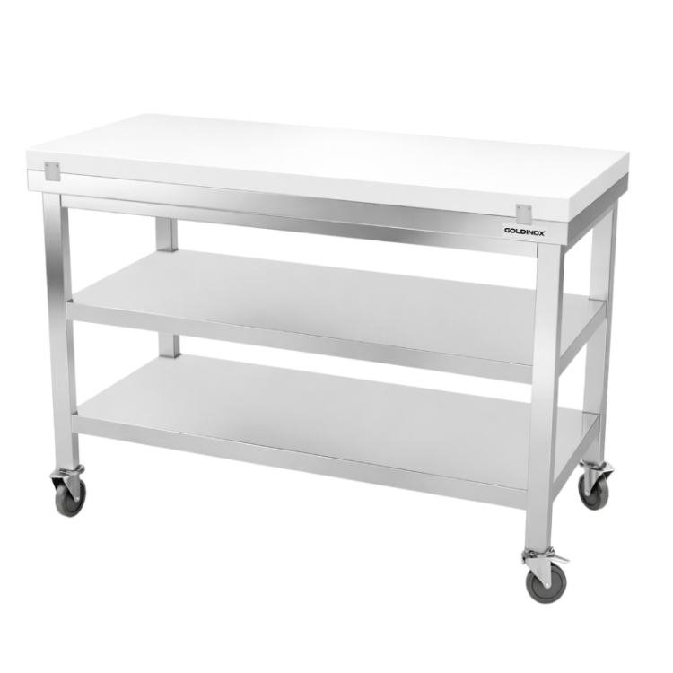 Table de travail en inox 1500x700 mm avec plaque de découpe blanche et 2 étagères sur roulettes PREMIUM - GOLDINOX