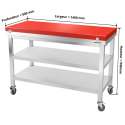 Table de travail en inox 1400x800 mm avec plaque de découpe rouge et 2 étagères sur roulettes PREMIUM - GOLDINOX