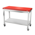 Table de travail en inox 1400x800 mm avec plaque de découpe rouge et 2 étagères sur roulettes PREMIUM - GOLDINOX