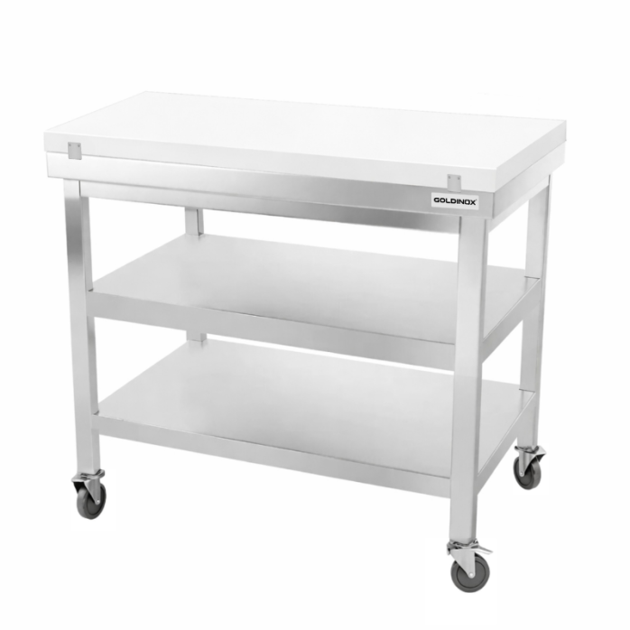 Table de travail en inox 1200x800 mm avec plaque de découpe blanche et 2 étagères sur roulettes PREMIUM - GOLDINOX