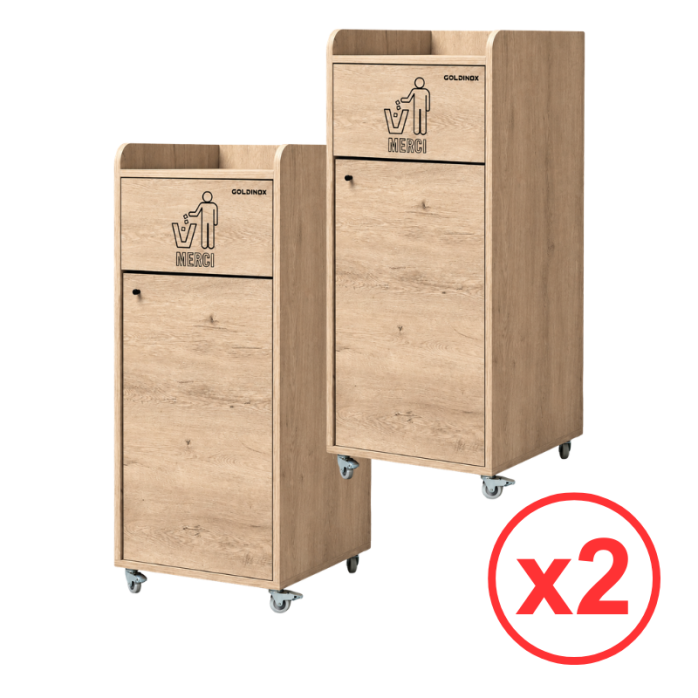 Lot de 2 Poubelles snack "MERCI" en bois chêne clair 100 Litres PREMIUM - GOLDINOX