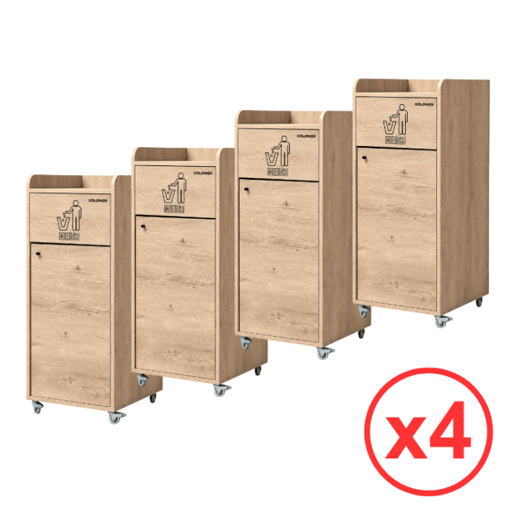 Lot de 4 Poubelles snack "MERCI" en bois chêne clair 100 Litres PREMIUM - GOLDINOX