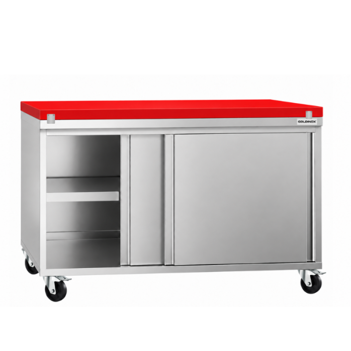 Meuble bas inox 1000x600 mm sur roulettes avec plaque de découpe rouge PREMIUM - GOLDINOX