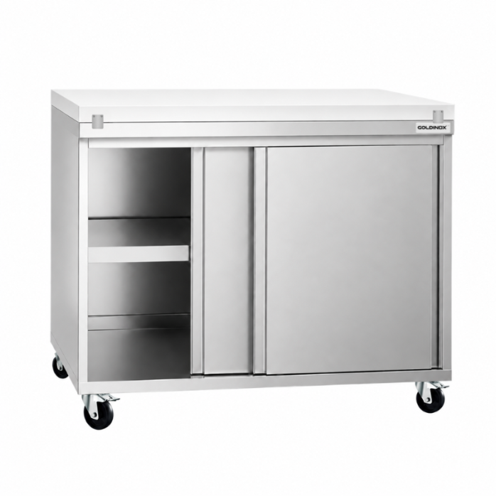Meuble bas inox 1000x600 mm sur roulettes avec plaque de découpe rouge PREMIUM - GOLDINOX