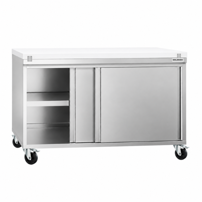 Meuble bas inox 1000x600 mm sur roulettes avec plaque de découpe rouge PREMIUM - GOLDINOX