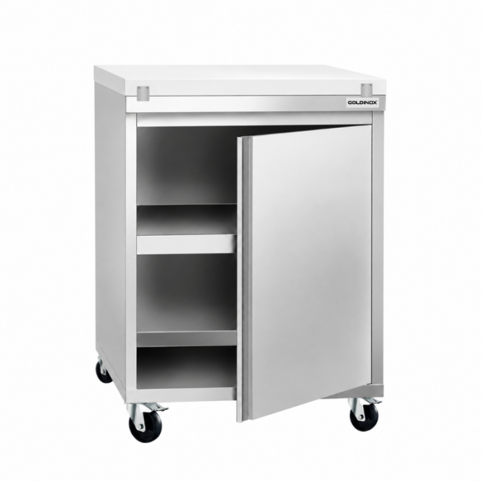 Meuble bas inox 600x700 mm sur roulettes avec plaque de découpe Blanche PREMIUM - GOLDINOX