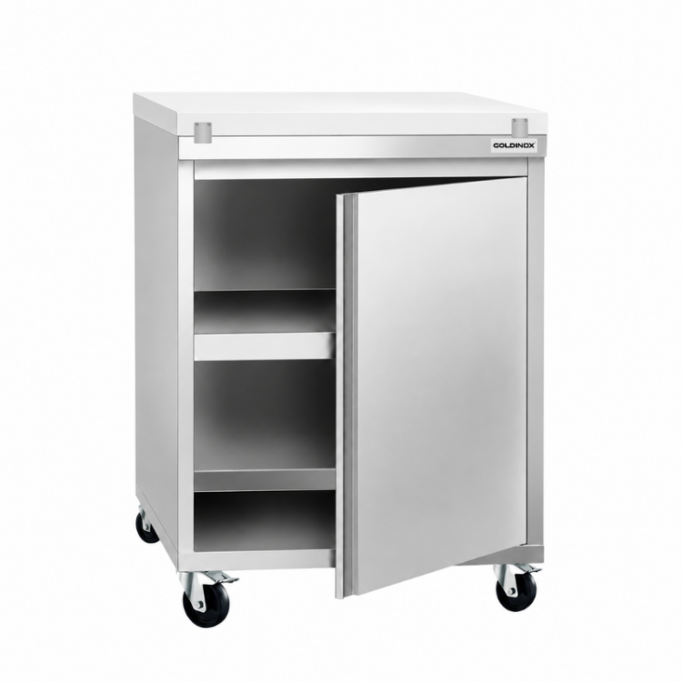 Meuble bas inox 600x700 mm sur roulettes avec plaque de découpe Blanche PREMIUM - GOLDINOX