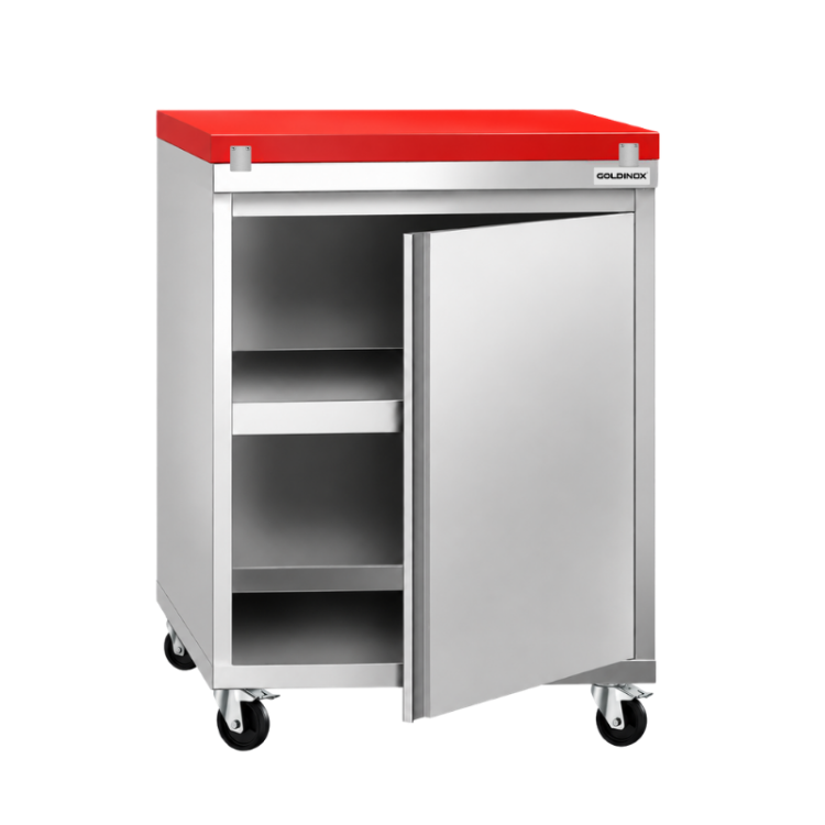 Meuble bas inox 600x700 mm sur roulettes avec plaque de découpe Rouge PREMIUM - GOLDINOX