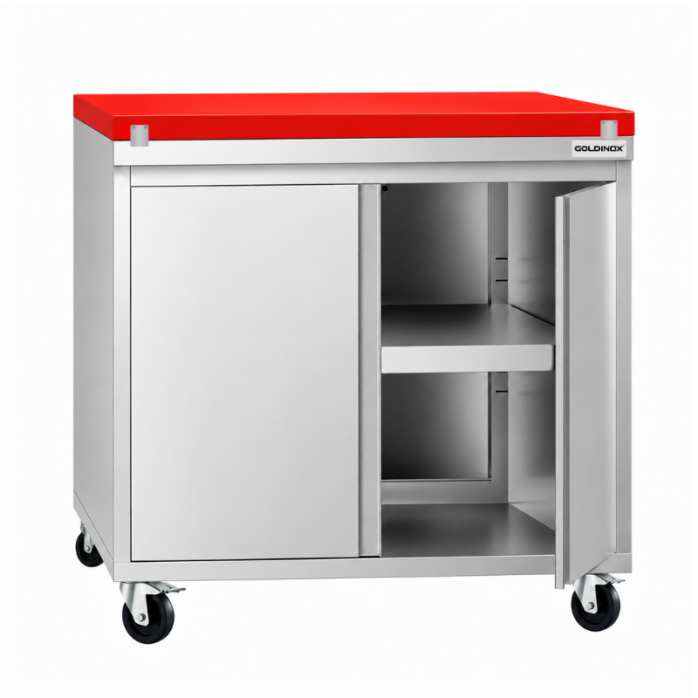 Meuble bas inox 800x700 mm sur roulettes avec plaque de découpe Rouge PREMIUM - GOLDINOX