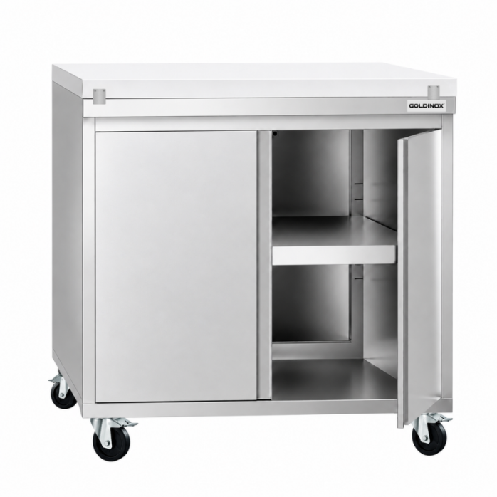 Meuble bas inox 800x700 mm sur roulettes avec plaque de découpe Blanche PREMIUM - GOLDINOX