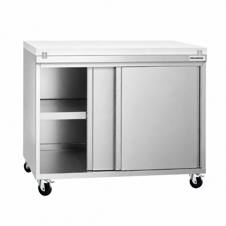 Meuble bas inox 1000x700 mm sur roulettes avec plaque de découpe Blanche PREMIUM - GOLDINOX