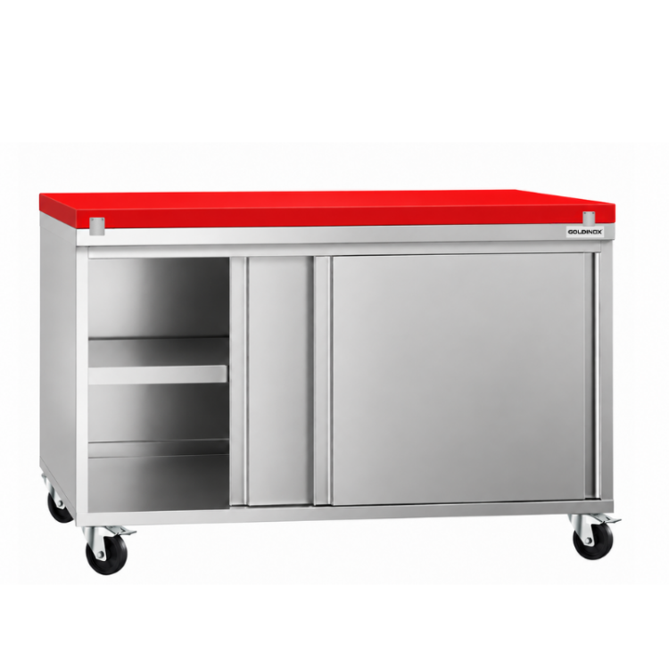 Meuble bas inox 1500x700 mm sur roulettes avec plaque de découpe Rouge PREMIUM - GOLDINOX