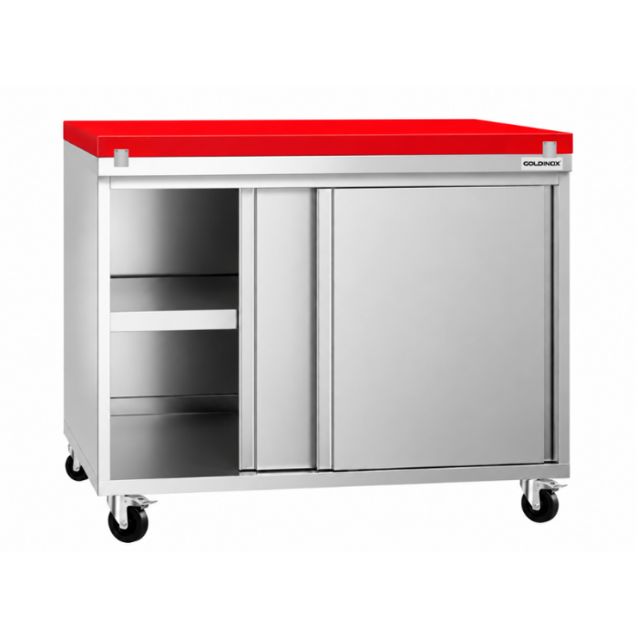 Meuble bas inox 1200x800 mm sur roulettes avec plaque de découpe Rouge PREMIUM - GOLDINOX