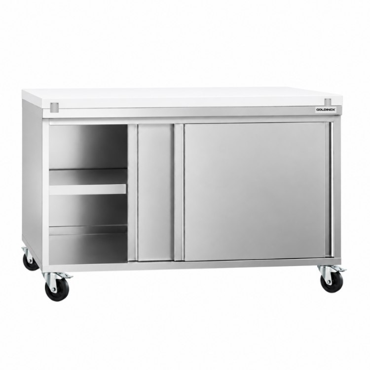 Meuble bas inox 1400x800 mm sur roulettes avec plaque de découpe Blanche PREMIUM - GOLDINOX