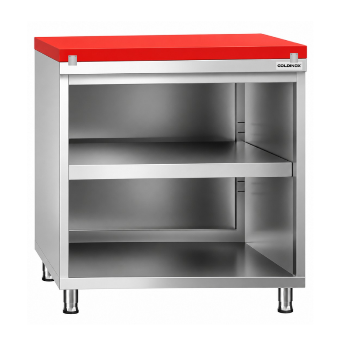 Meuble bas inox ouvert 800x600 mm avec plaque découpe Rouge PREMIUM - GOLDINOX