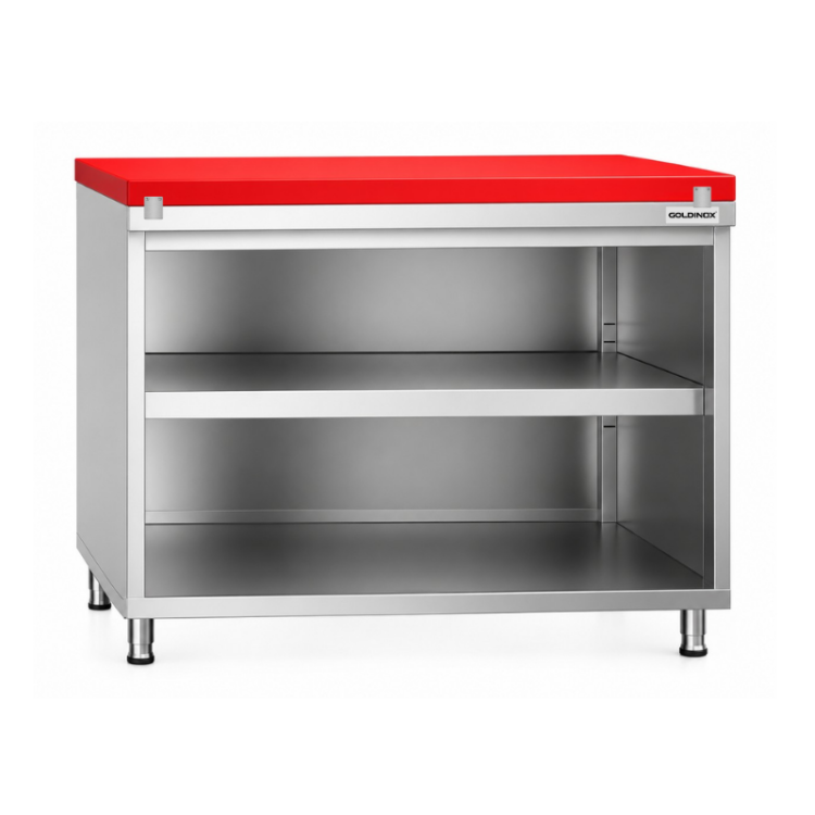 Meuble bas inox ouvert 1200x600 mm avec plaque découpe Rouge PREMIUM - GOLDINOX