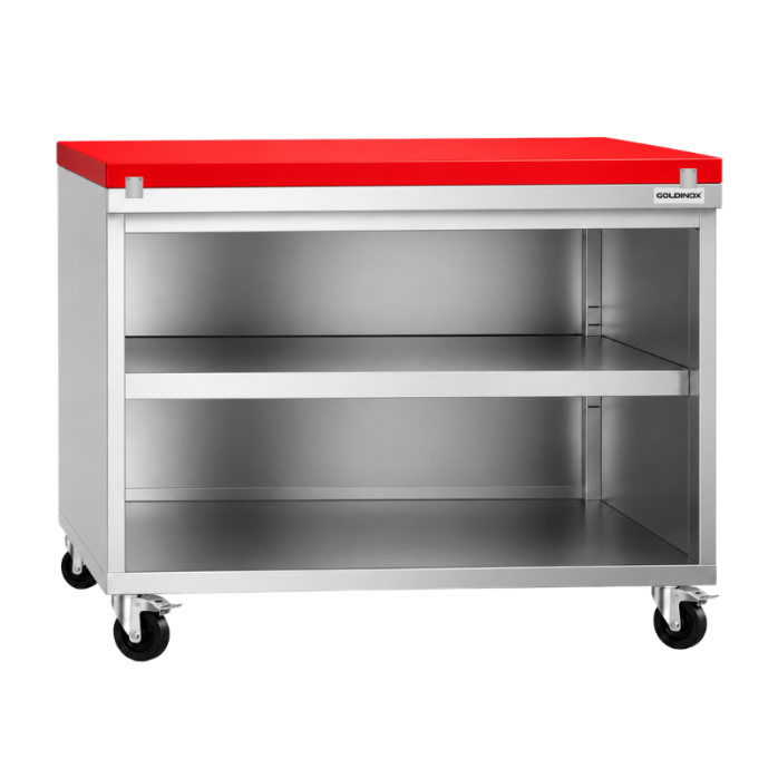 Meuble bas inox ouvert 1200x600 mm sur roulettes avec plaque de découpe rouge PREMIUM - GOLDINOX