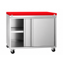 Meuble bas inox ouvert 1200x600 mm sur roulettes avec plaque de découpe rouge PREMIUM - GOLDINOX