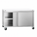Meuble bas inox ouvert 1800x600 mm sur roulettes avec plaque de découpe blanche PREMIUM - GOLDINOX