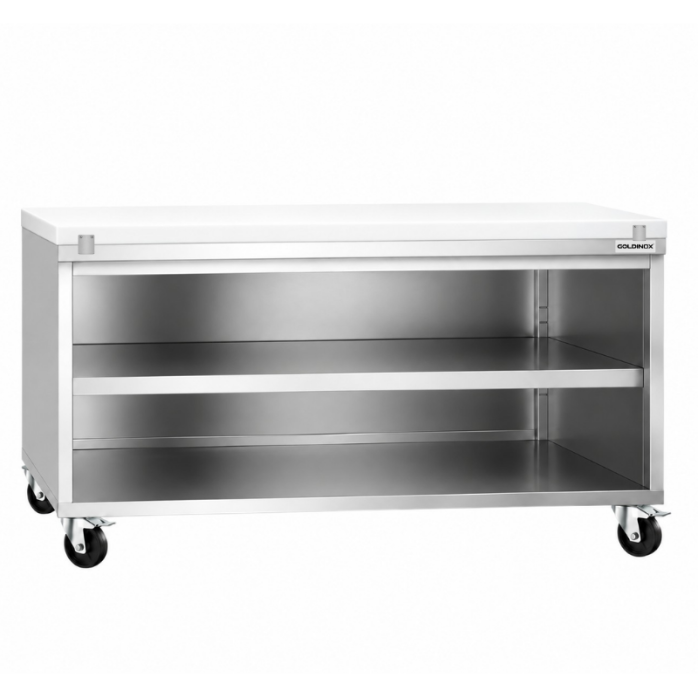 Meuble bas inox ouvert 2000x600 mm sur roulettes avec plaque de découpe blanche PREMIUM - GOLDINOX