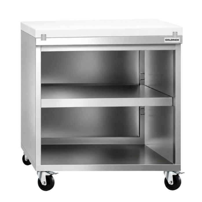 Meuble bas inox ouvert 800x600 mm sur roulettes avec plaque de découpe blanche PREMIUM - GOLDINOX